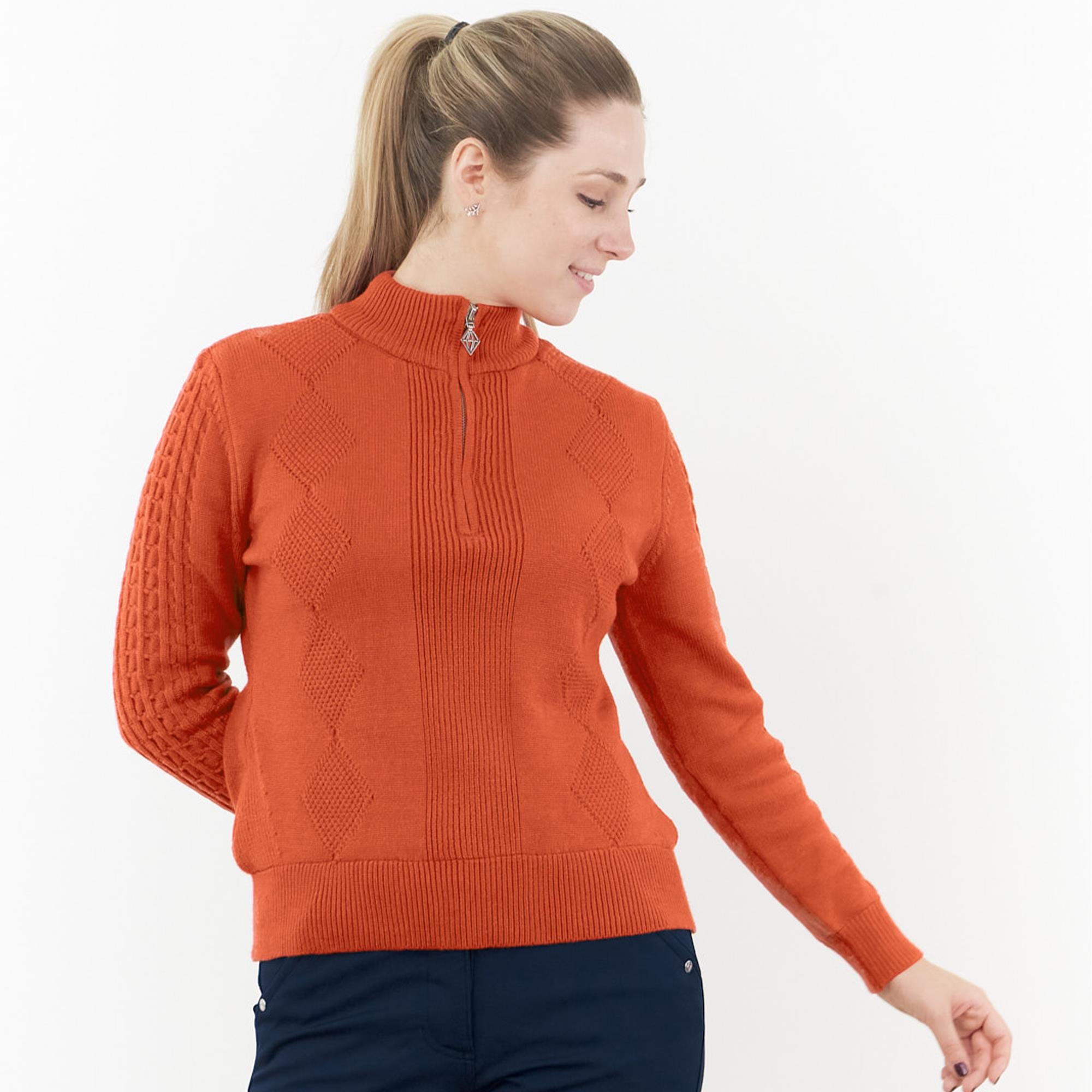 Pure Golf Sorrell Cable Knit Lined Ladies Golf Jumper Ember Orange